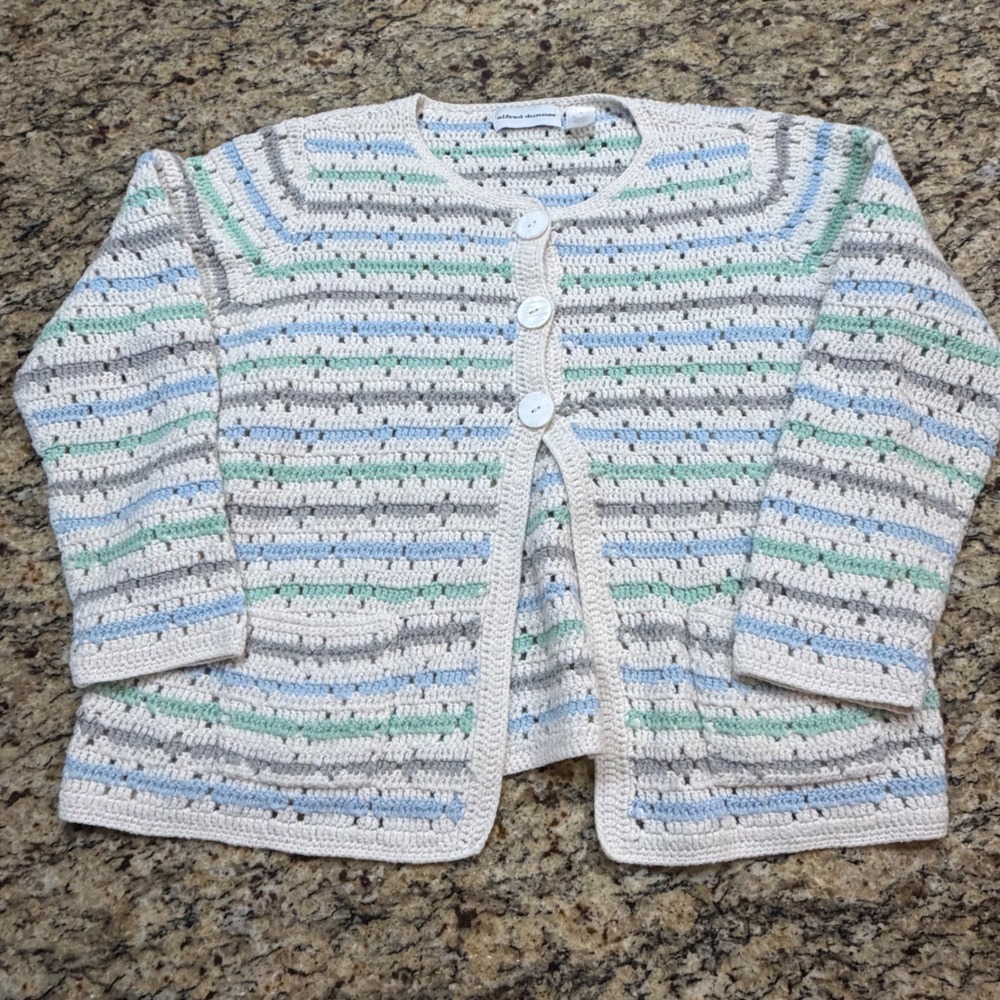 Alfred Dunner Womens Large Crochet Knit Cardigan Striped Pastel Button Front‎